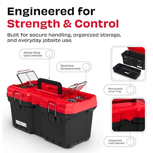 JPT 19 Inch Ultra Heavy Duty Plastic Tool Box | Large Empty Tool Storage Box with Metal Lock, Removable Tray & Padlock Slot | Mechanic & Workshop Organizer - Image 2