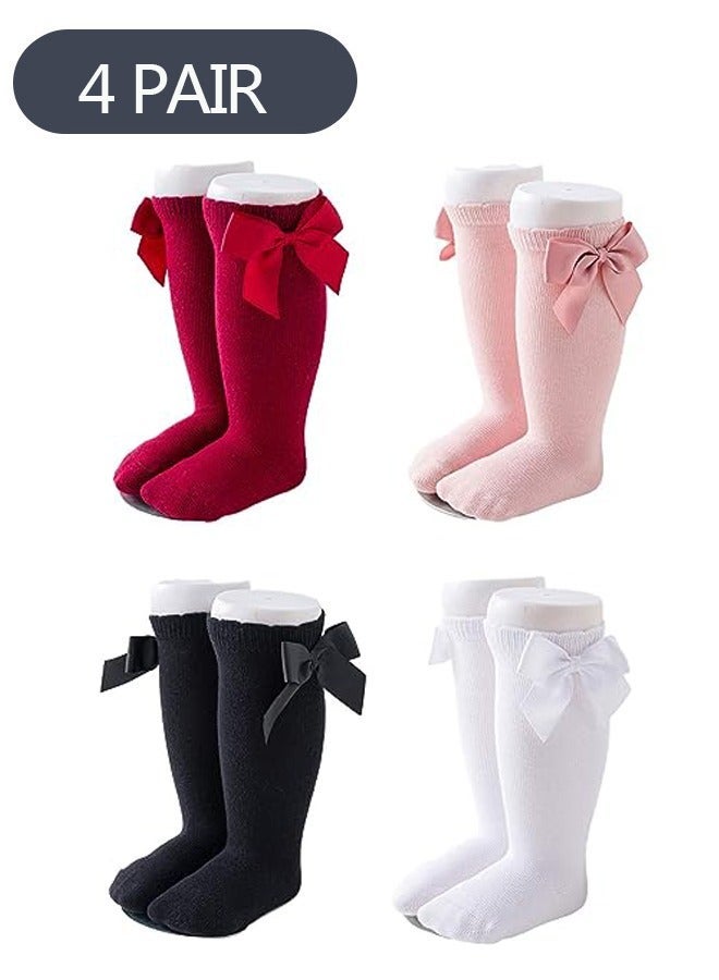 4-Pairs Baby Long Socks, Knee High Socks Bow Cotton Long Stockings for 0-1 Age Baby S - Image 1