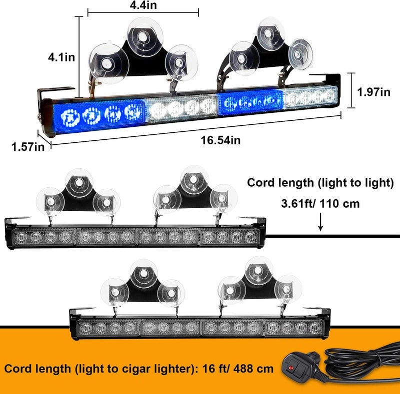 2 في 1 32 بوصة أضواء تحذيرية للطوارئ، شريط أضواء تحذير اتجاهي، فلاش مرشد مروري، LED سلامة للنافذة الخلفية، مجموعة توصيل الأسلاك مع ولاعة السجائر للتركيب الداخلي للشاحنات والسيارات (أبيض أزرق) - Image 3