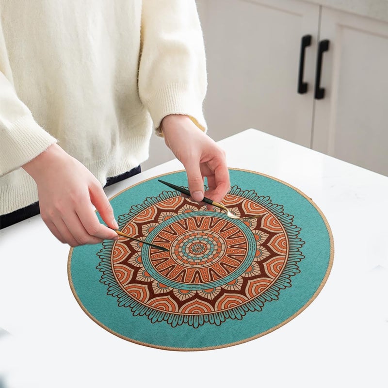 pigchcy Round Boho Placemats Set of 6, Rubber Heat Resistant Tabel Mats, Waterproof Washable Placemat for Dining Table Decoration (Teal) - Image 5