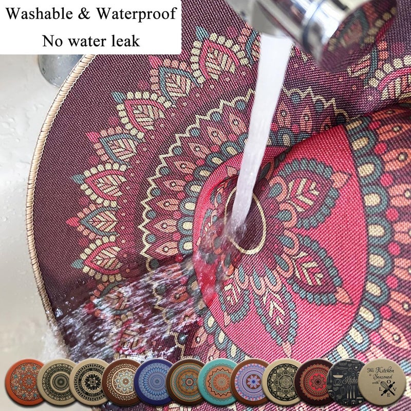 pigchcy Round Boho Placemats Set of 6, Rubber Heat Resistant Tabel Mats, Waterproof Washable Placemat for Dining Table Decoration (Teal) - Image 4