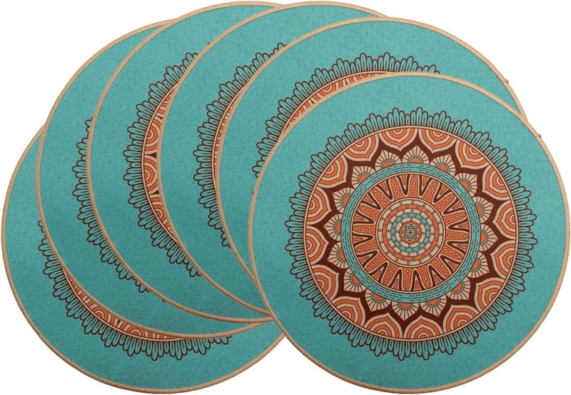 pigchcy Round Boho Placemats Set of 6, Rubber Heat Resistant Tabel Mats, Waterproof Washable Placemat for Dining Table Decoration (Teal) - Image 1