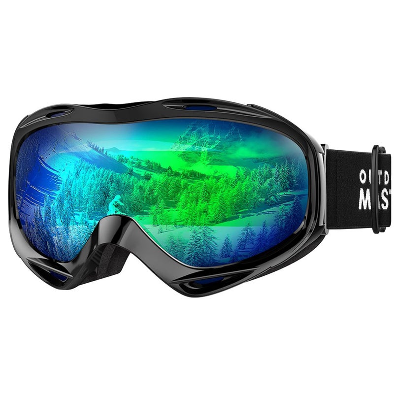 OutdoorMaster OTG Ski Goggles - Over Glasses Ski/Snowboard Goggles for Men, Women & Youth - 100% UV Protection (Black Frame + VLT 18% Grey Lens with Full REVO Green) - Image 1