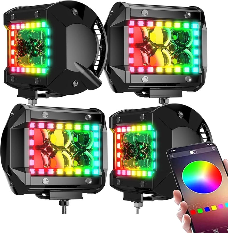 FEELON 4PCS 4" LED Spot Work Light Bar with Multi-Color Chasing RGB Halo - Image 1