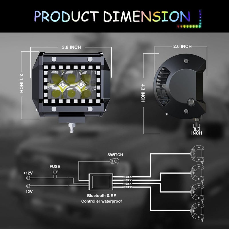FEELON 4PCS 4" LED Spot Work Light Bar with Multi-Color Chasing RGB Halo - Image 2