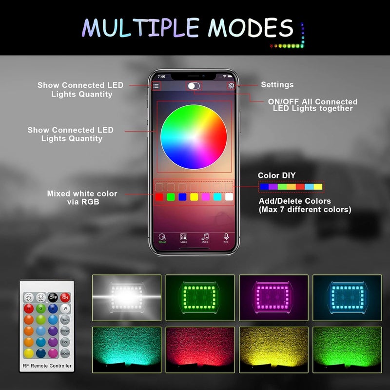 FEELON 4PCS 4" LED Spot Work Light Bar with Multi-Color Chasing RGB Halo - Image 4