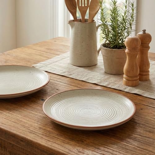 Freakway Cream Ribbed Stoneware Dinner Plates 10.3 Inch Set of 2 Pcs Ceramic Plates for Dinner | Microwave & Dishwasher Safe | Off White - Image 2