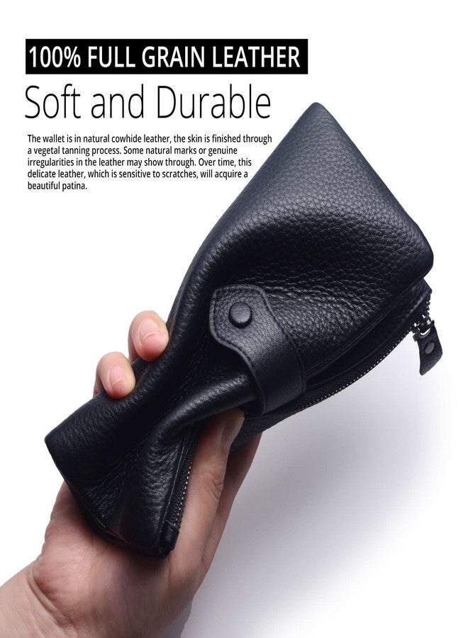 Bveyzi Women Soft Leather RFID Blocking Bifold Slim Wallets Ladies Credit Card Holder Double Zipper Pocket(Black) - Image 2