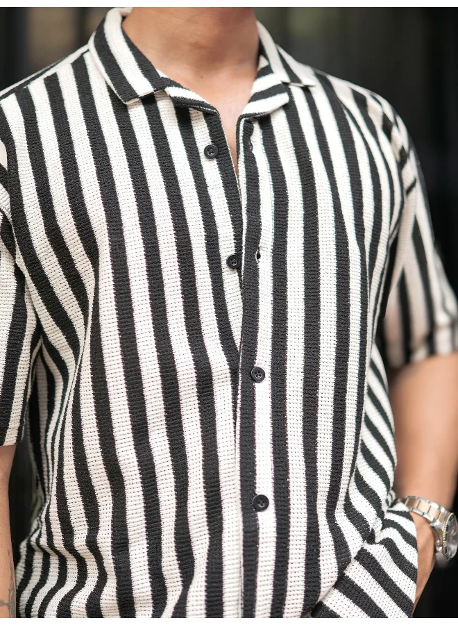 Maniac  Maniac Mens Striped Collared Neck Half Sleeve Black and White Waffle Knitted Shirt for Men | Best Price UAE