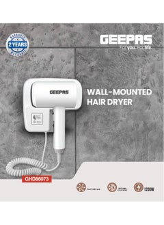GEEPAS Geepas Wall Mounted Hair Dryer GHD86073, Hot & Cold Wind, Overheat Protection, Constant Temperature, Cool Shot Function, Strong Wind & Quiet Sound, Fast Drying Of Thick Hair, 1200W Power  - Image 1