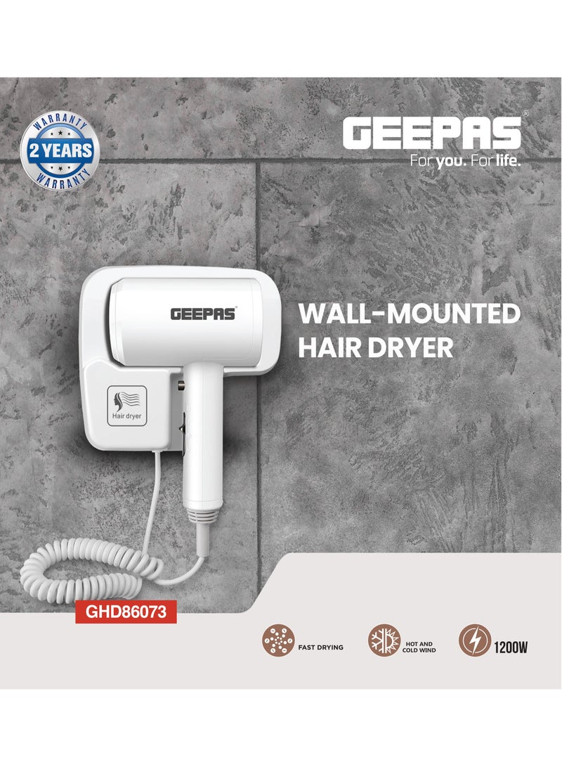 Geepas Wall Mounted Hair Dryer GHD86073, Hot & Cold Wind, Overheat Protection, Constant Temperature, Cool Shot Function, Strong Wind & Quiet Sound, Fast Drying Of Thick Hair, 1200W Power - Image 1