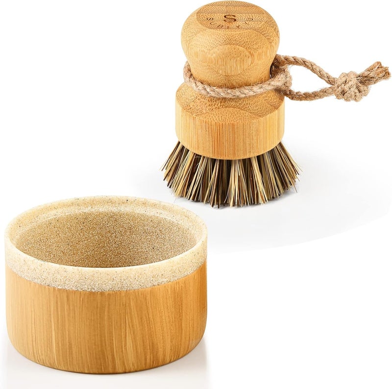 SUBEKYU Bamboo Dish Brush with Soap Holder, Wooden Dish Scrubber with Soap Dispenser, Washing Cast Iron Pans/Dishes/Sinks, 1 Pack - Image 1
