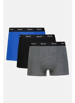 Men 3 Pieces Brand Logo Boxer, Grey/Blue/Black