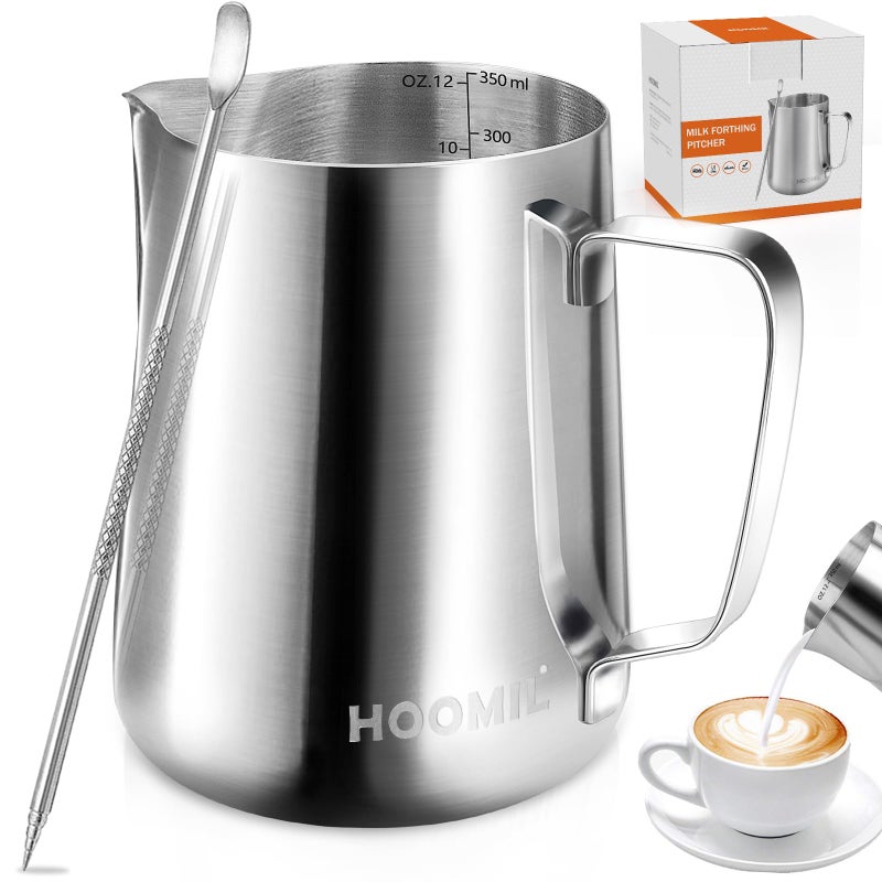 HOOMIL Milk Frothing Pitcher 12oz350ml Stainless Steel Steaming Pitcher Barista Milk Frother Cup Jug for Espresso Machine Coffee Cappuccino Latte Art  Silver
