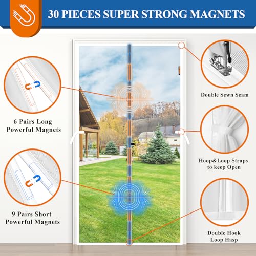 MAGZO Magnetic Screen Door, Fits 32'' x 80'' Door, Tear-Resistant High-Density Fiber Mesh, Keep Annoying Creatures Out, Pet Friendly, with Unique Keep Open Straps if Don't Need Close, Enjoy Fresh Air, White - Image 5