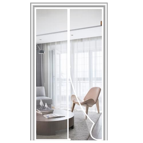 MAGZO Magnetic Screen Door, Fits 32'' x 80'' Door, Tear-Resistant High-Density Fiber Mesh, Keep Annoying Creatures Out, Pet Friendly, with Unique Keep Open Straps if Don't Need Close, Enjoy Fresh Air, White - Image 1