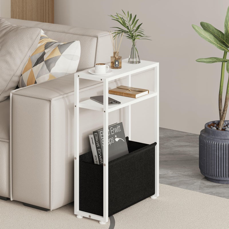 Leomonio Narrow Side Table, Slim End Tables with Fabric Basket, Skinny Table for Small Spaces, Thin Bedside Table for Living Room, Bedroom, White, ZBZ01 - Image 1
