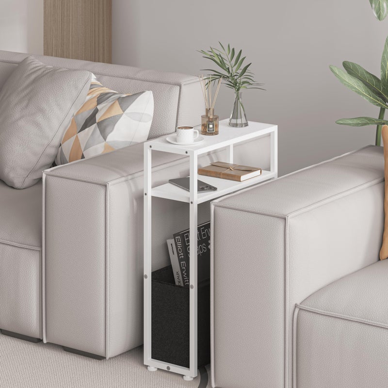 Leomonio Narrow Side Table, Slim End Tables with Fabric Basket, Skinny Table for Small Spaces, Thin Bedside Table for Living Room, Bedroom, White, ZBZ01 - Image 4