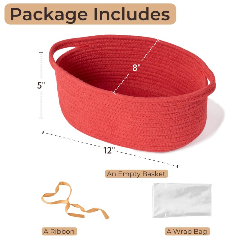 Kodomoore Gift Basket with Wrap Bag and Ribbon, Empty Small Woven Basket for Gift, Cute Decorative Gift Organizer for Baby Showers, Raffle, Valentineâ€˜s, Easter and Mum â€“ 12"x8"x5", Red - Image 3