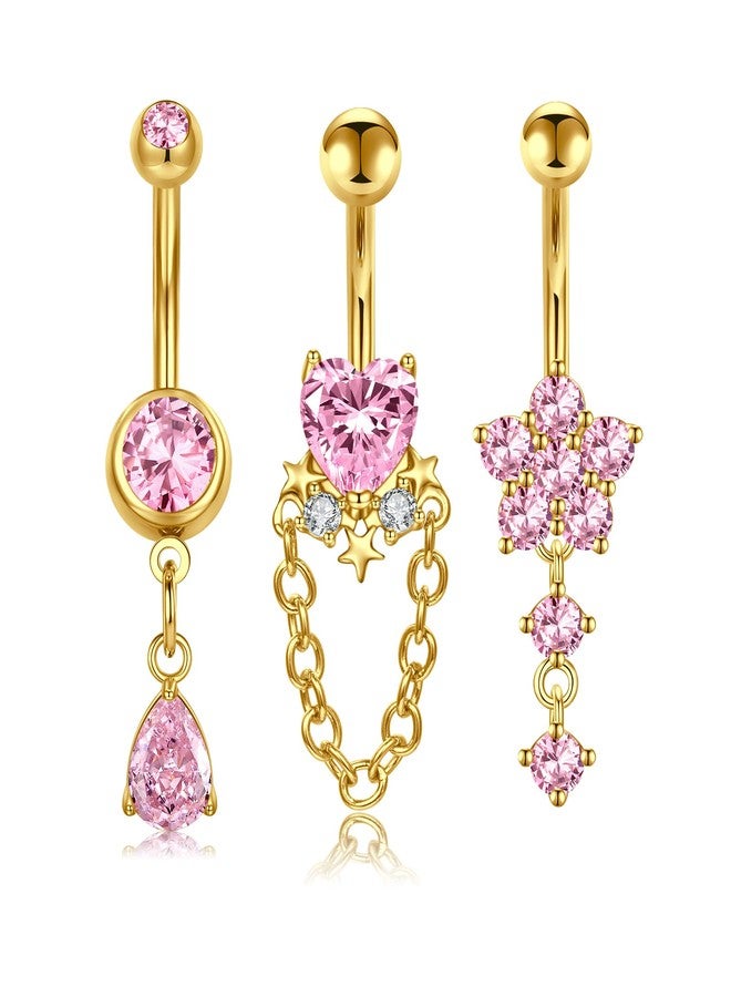 QWALIT Dangle Belly Button Ring Surgical Steel Hypoallergenic Gold Belly Ring for Women Dangly Navel Piercing Jewelry Dangling Pink Heart Flower Trendy Dainty Navel Rings for Women - Image 1