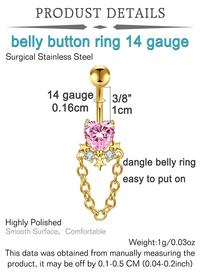 QWALIT Dangle Belly Button Ring Surgical Steel Hypoallergenic Gold Belly Ring for Women Dangly Navel Piercing Jewelry Dangling Pink Heart Flower Trendy Dainty Navel Rings for Women - Image 2