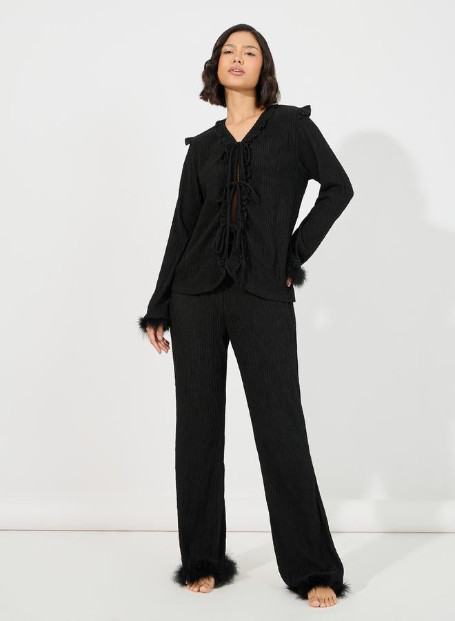 Tie Front Ruffle Detail Faux Fur Trim Shirt & Pyjama Set
