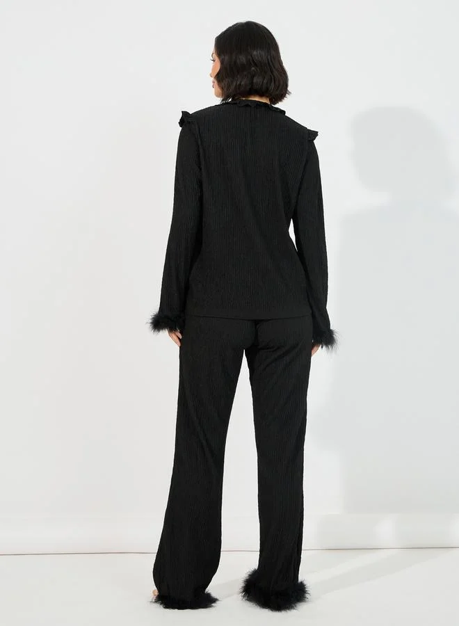 Styli Tie Front Ruffle Detail Faux Fur Trim Shirt & Pyjama Set