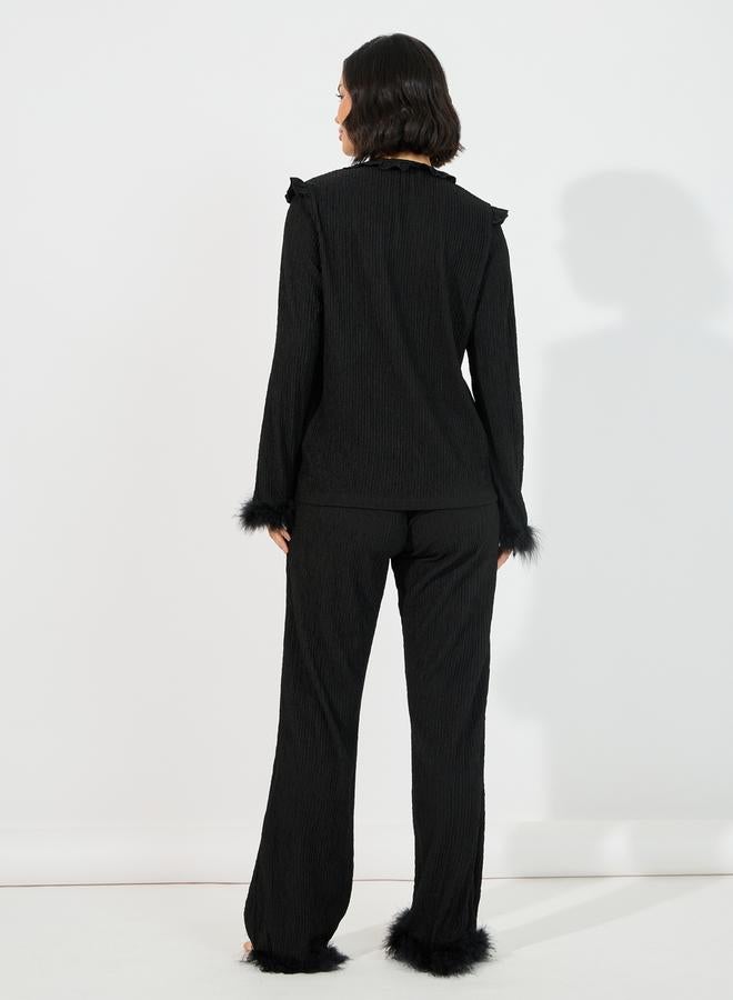 Tie Front Ruffle Detail Faux Fur Trim Shirt & Pyjama Set