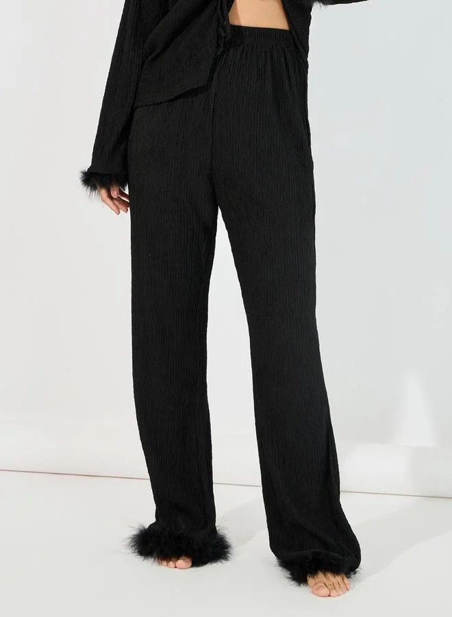Styli Tie Front Ruffle Detail Faux Fur Trim Shirt & Pyjama Set