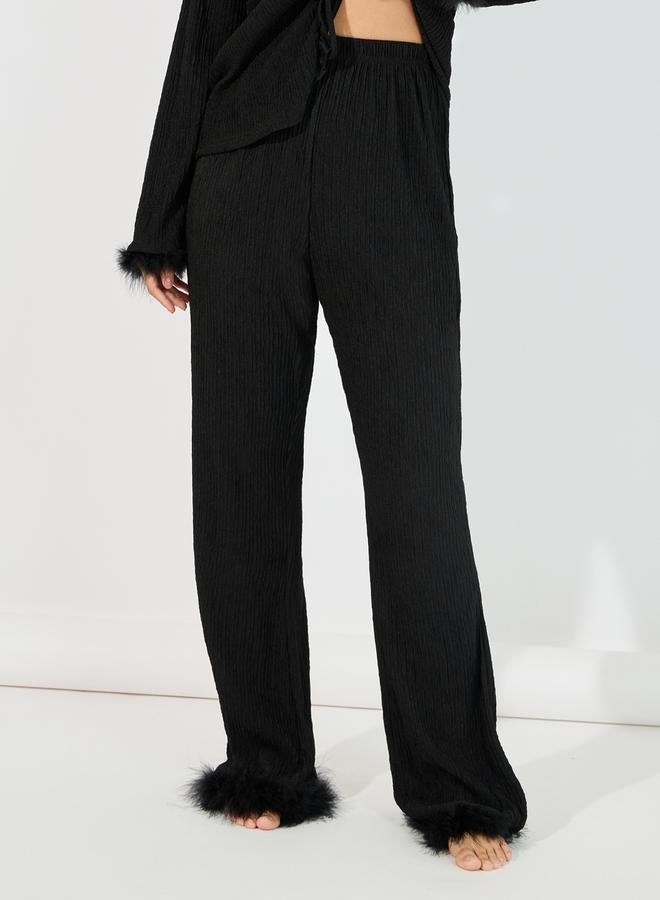 Tie Front Ruffle Detail Faux Fur Trim Shirt & Pyjama Set