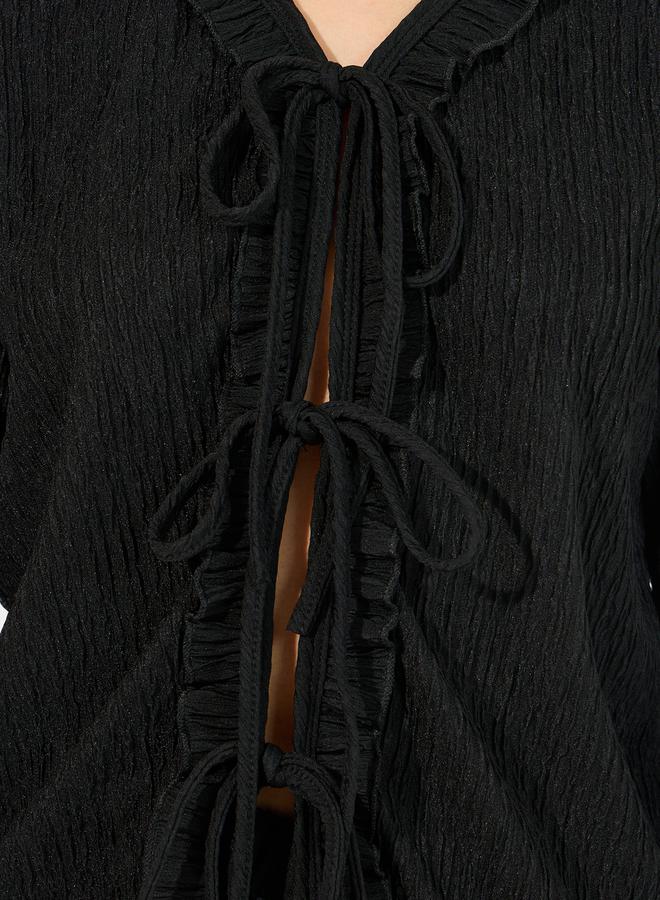 Tie Front Ruffle Detail Faux Fur Trim Shirt & Pyjama Set