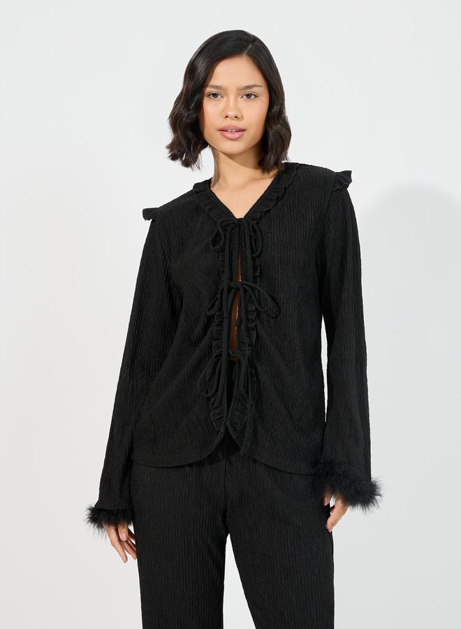 Tie Front Ruffle Detail Faux Fur Trim Shirt & Pyjama Set