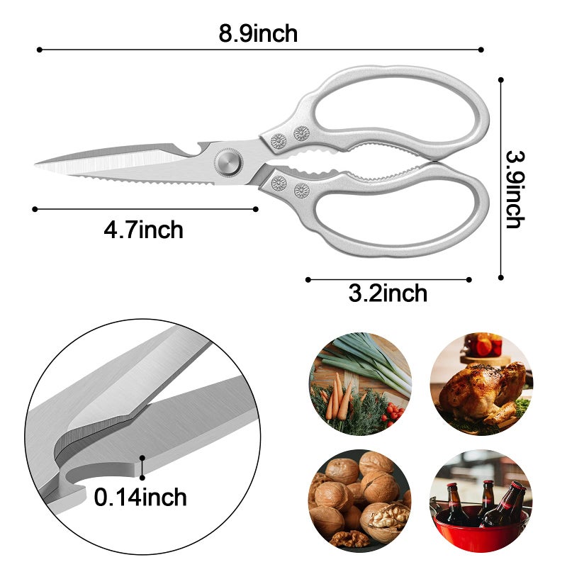 CGBE Kitchen Scissors, Multi-Purpose Kitchen Shears, Heavy Duty Dishwasher Safe Food Scissors for Chicken, Poultry, Fish, Meat & Herbs with Non-Slip Grips - Sliver - Image 3