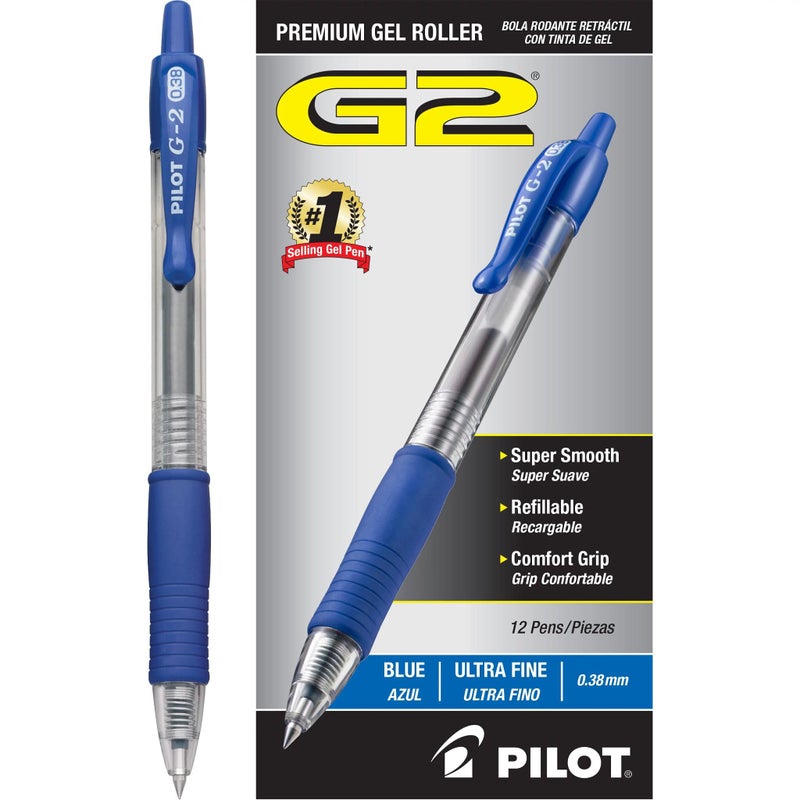 Pilot, G2 Premium Gel Roller Pens, Ultra Fine Point 0.38 mm, Pack of 12, Blue