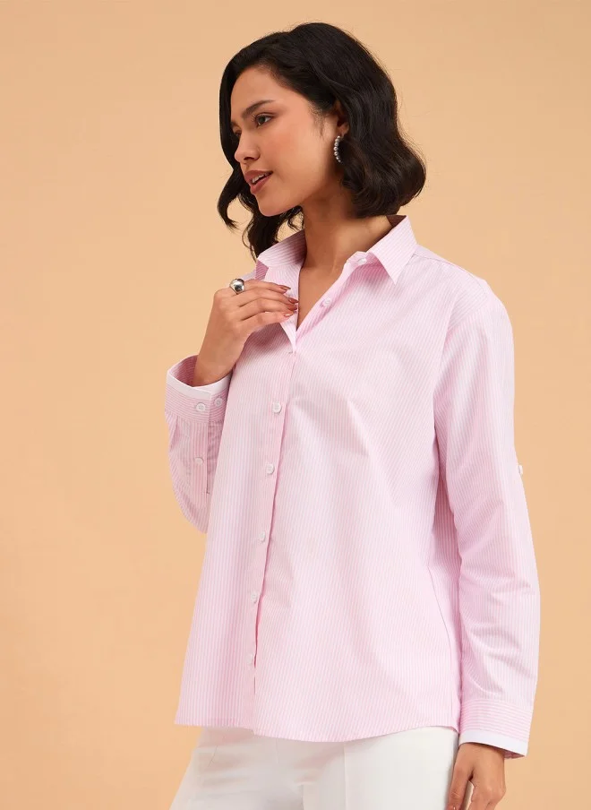 SASSAFRAS Pink Striped Casual Shirt for Women