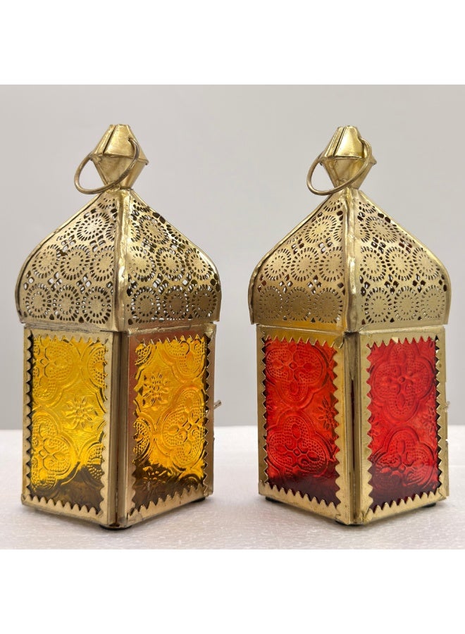 سوق ديزاينز مجموعة فوانيس رمضان من سوق ديزاينز، قطعتان - فانوس شموع لتزيين المنزل - فانوس معدني على الطراز المغربي، مثالي كفانوس طاولة وفانوس هدية للديكور الداخلي والخارجي، باللونين الأحمر والأصفر - Image 1