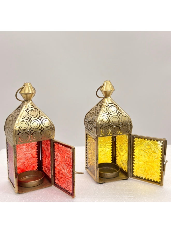 سوق ديزاينز مجموعة فوانيس رمضان من سوق ديزاينز، قطعتان - فانوس شموع لتزيين المنزل - فانوس معدني على الطراز المغربي، مثالي كفانوس طاولة وفانوس هدية للديكور الداخلي والخارجي، باللونين الأحمر والأصفر - Image 2