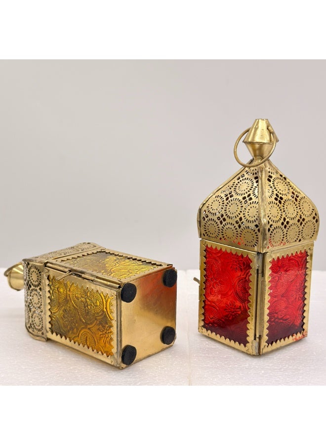 سوق ديزاينز مجموعة فوانيس رمضان من سوق ديزاينز، قطعتان - فانوس شموع لتزيين المنزل - فانوس معدني على الطراز المغربي، مثالي كفانوس طاولة وفانوس هدية للديكور الداخلي والخارجي، باللونين الأحمر والأصفر - Image 5