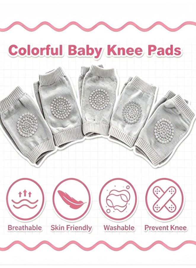 5 Pairs Baby Knee Pads for Crawling, Breathable Elastic Cotton Crawling Knee Pads, Cute Unisex Baby Knee Protector for Baby Toddler (Light Gray) - Image 1