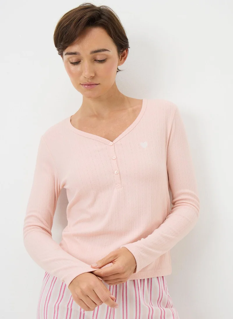 Matalan Pink Pointelle Henley Pyjama Top