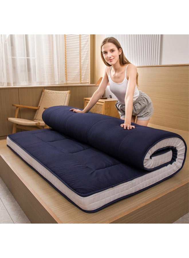 MAXYOYO Futon Mattress, Padded Japanese Floor Mattress Quilted Bed Mattress Topper, Extra Thick Folding Sleeping Pad Breathable Floor Lounger Guest Bed for Camping Couch, Navy, Queen - Image 1