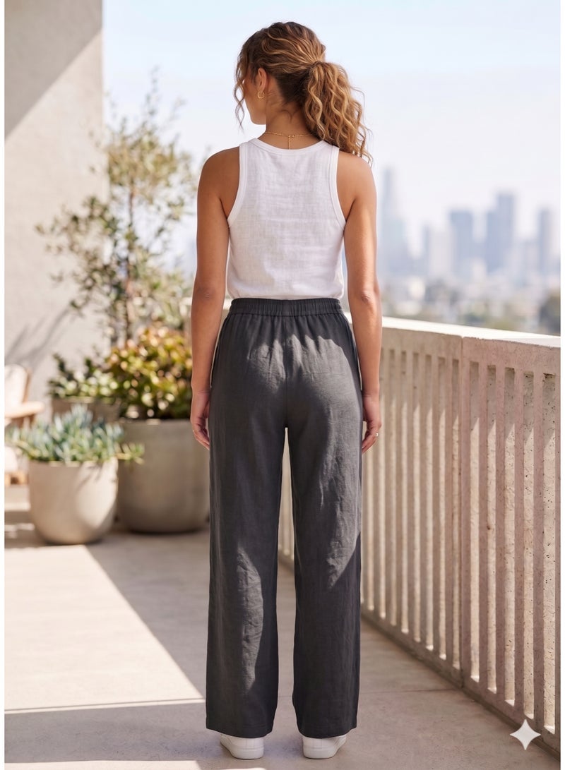 Soft Steps Women’s Black Linen Blend Wide Leg Pants with Elastic Waist & Drawstring – Relaxed Fit Casual Trousers Size L - Image 2