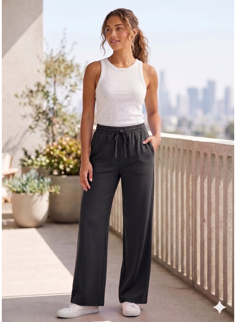 Soft Steps Women’s Black Linen Blend Wide Leg Pants with Elastic Waist & Drawstring – Relaxed Fit Casual Trousers Size L - Image 1