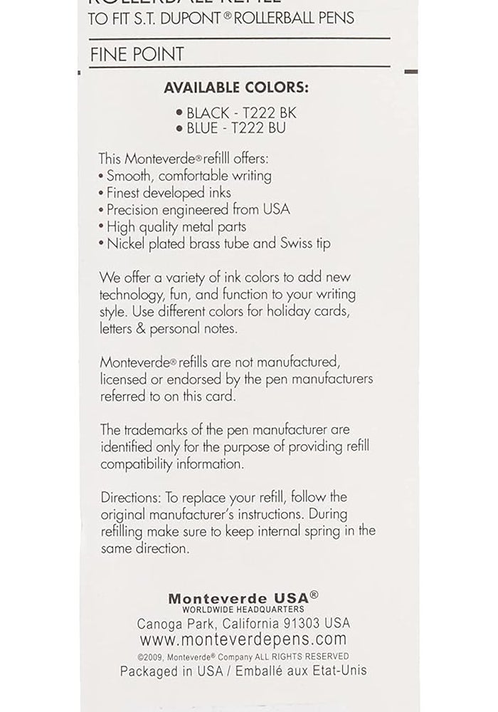 Monteverde Fine Point Rollerball Refill for S.T. Dupont Pens - Black Ink, Pack of 2 - Image 2