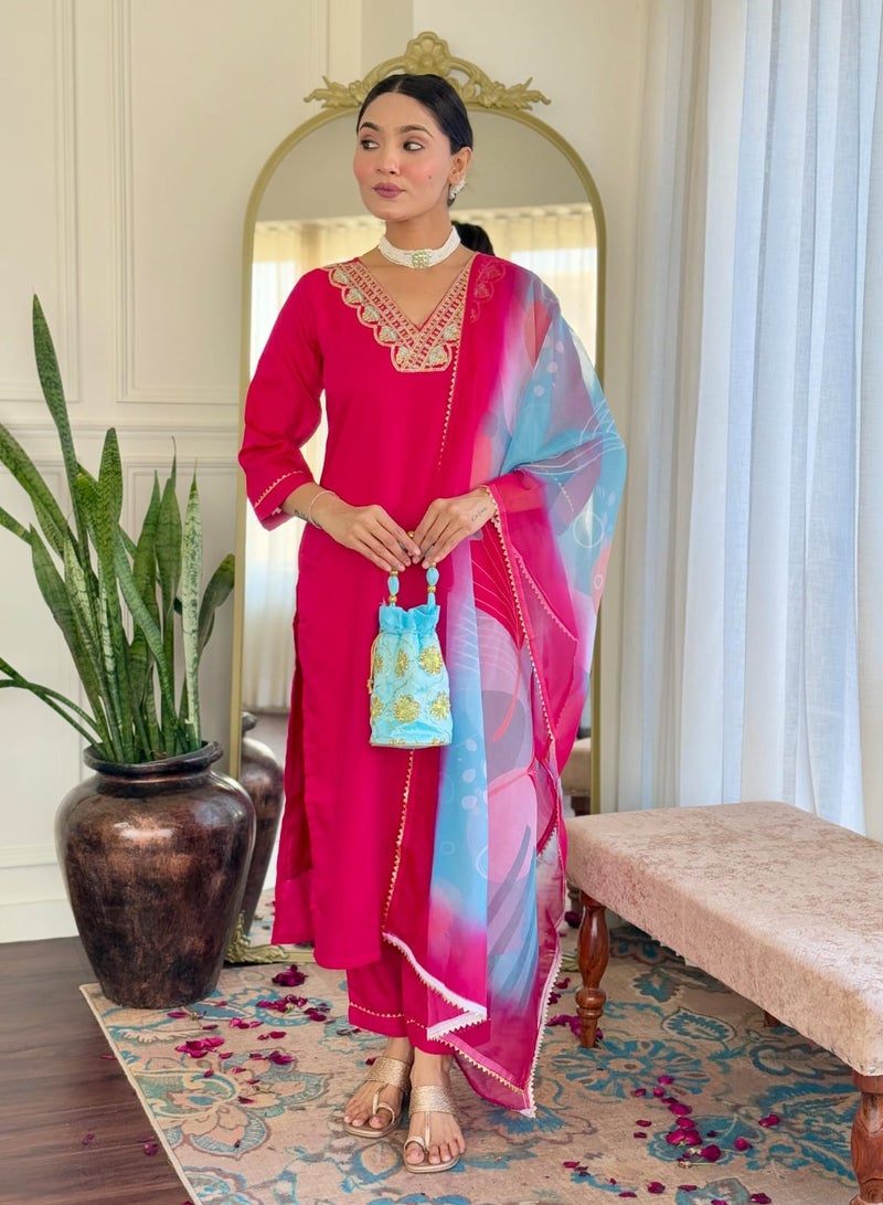 Super Asian "Rayon Slub Kurta with Rayon Slub Pant & Teby Silk Printed Dupatta – Embroidered Design" - Image 2