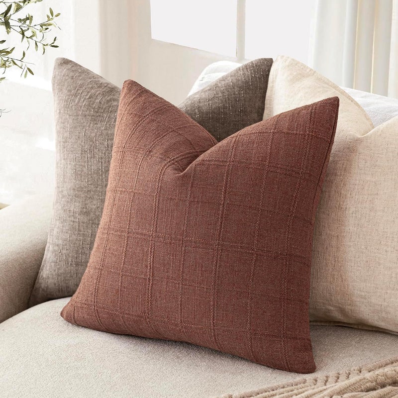 Foindtower Set of 1 Decorative Linen Check Throw Pillow Cover Neutral Farmhouse Vintage Cushion Cover Modern Boho Home Decor for Sofa Chair Couch Bedroom Living Room,20×20 Inch,Autumnal Red - Image 5