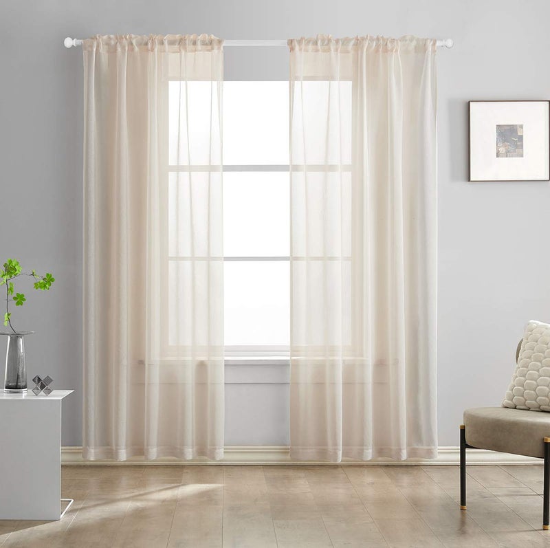TOAVA DECO Beige Semi Sheer Curtains 84 Inches Long Faux Linen Beige Sheers Curtain for Bedroom Living Room Girls Kids Room 2 Panels 52x84 - Image 1
