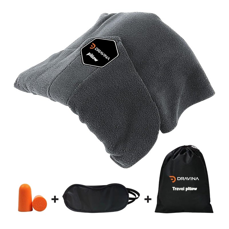 Dravina Dravina Premium Travel Neck Pillow with Eye Mask Ear Buds Carrying Pouch Washable Super Soft Wrap Travel Pillow for Neck Shoulder Support Comfortable Sleeping Experience On Flight Grey 
