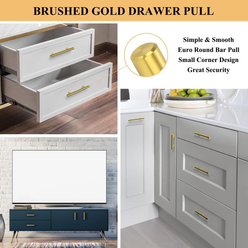 Plustool 30Pack 3''Hole Centers Gold Cabinet Handles-Brushed Brass Cabinet Pulls Gold Dresser Drawer Pulls-Stainless Steel Door Hardware for Kitchen Bathroom Bedroom Furniture-5''Overall Length - Image 4