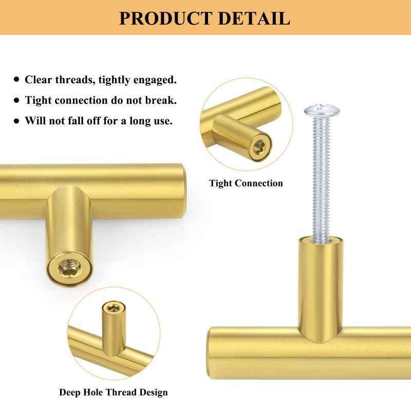 Plustool 30Pack 3''Hole Centers Gold Cabinet Handles-Brushed Brass Cabinet Pulls Gold Dresser Drawer Pulls-Stainless Steel Door Hardware for Kitchen Bathroom Bedroom Furniture-5''Overall Length - Image 3